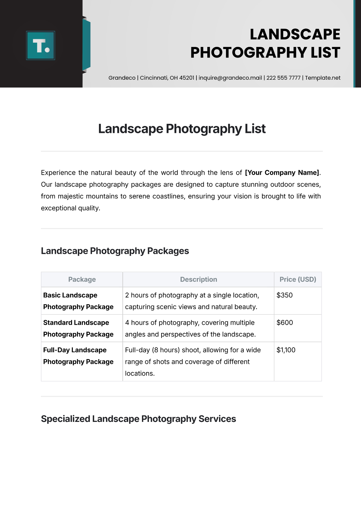 Free Landscape Photography List Template