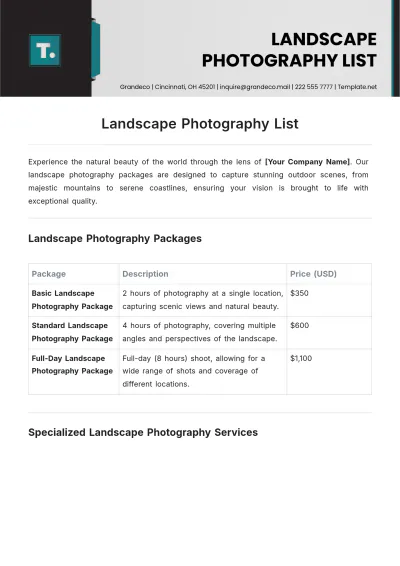 Free Landscape Photography List Template to Edit Online