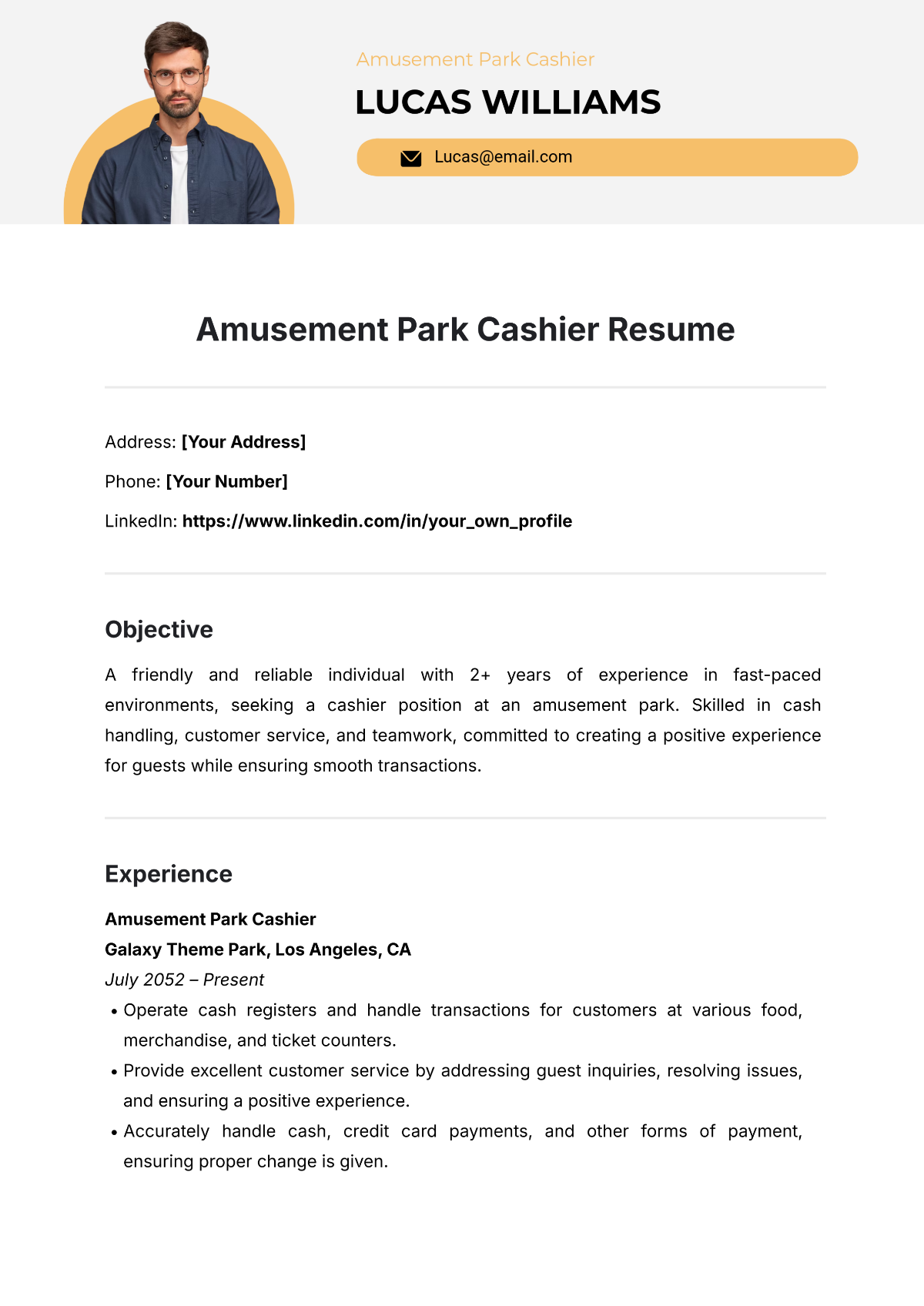 Free Amusement Park Cashier Resume Template