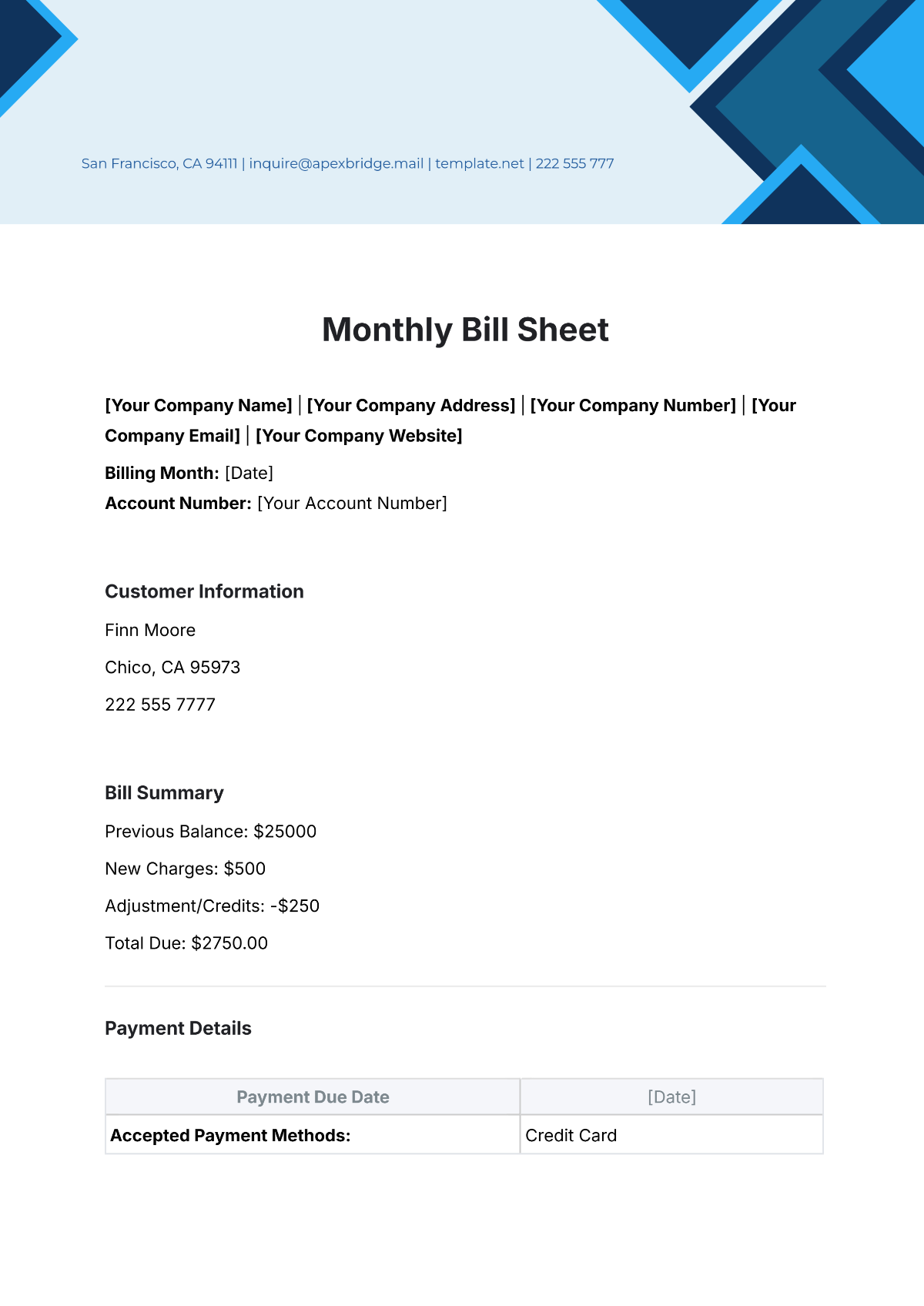 Monthly Bill Sheet Template - Edit Online & Download