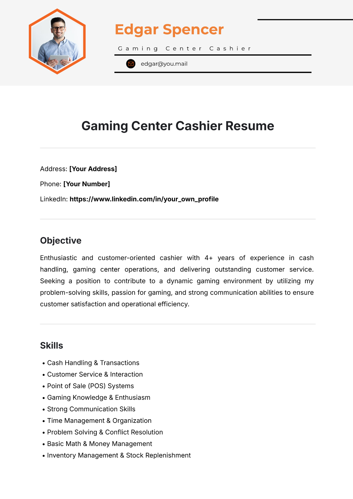 Free Gaming Center Cashier Resume Template