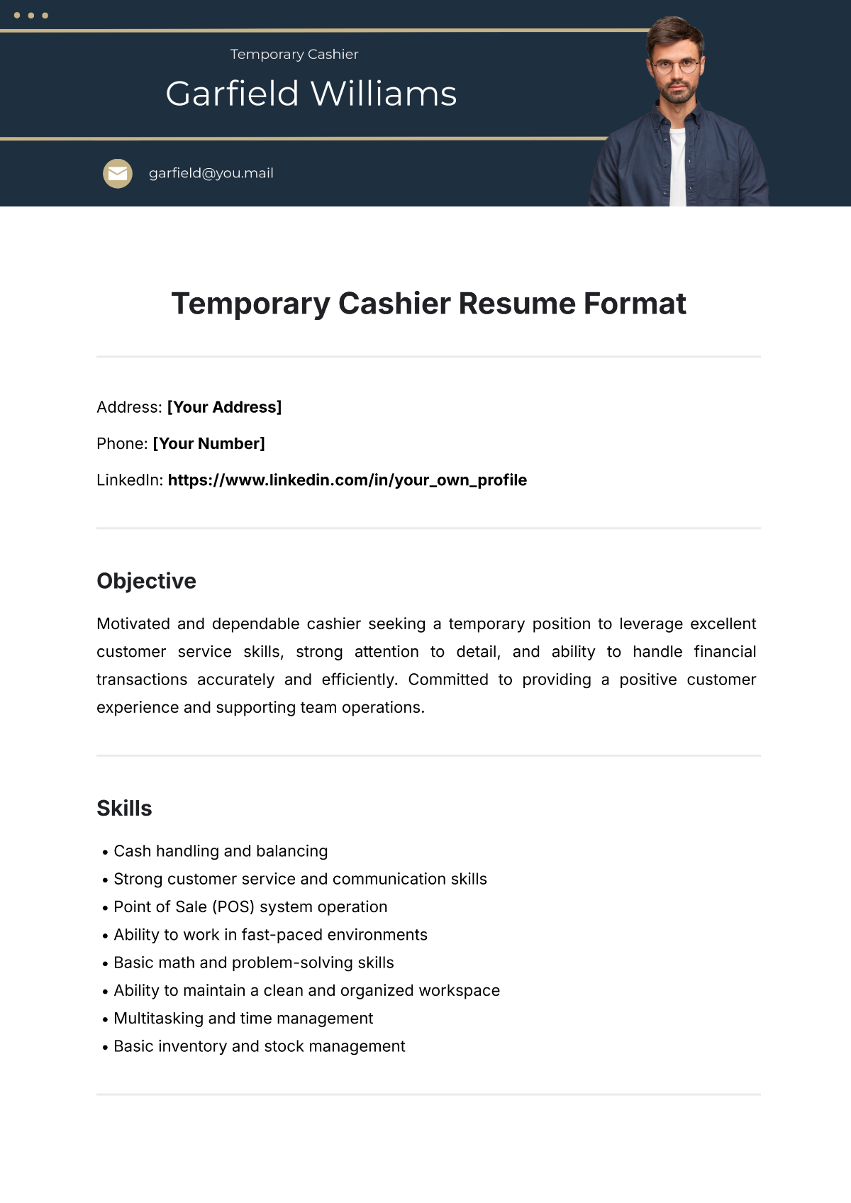 Free Temporary Cashier Resume Format Template