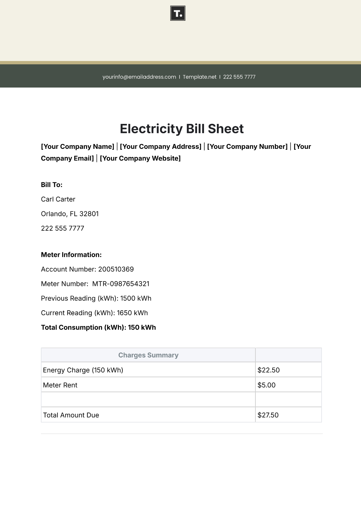 Electricity Bill Sheet Template - Edit Online & Download