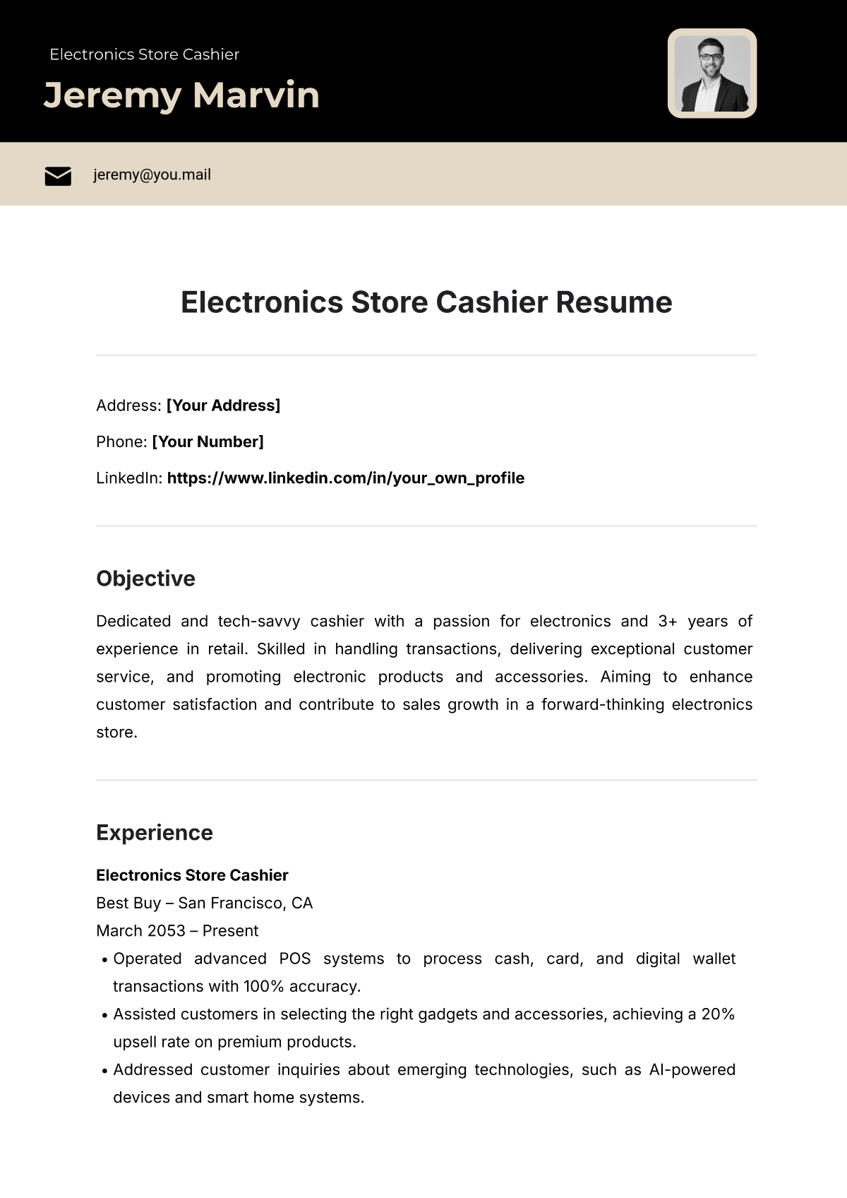 Free Electronics Store Cashier Resume Template