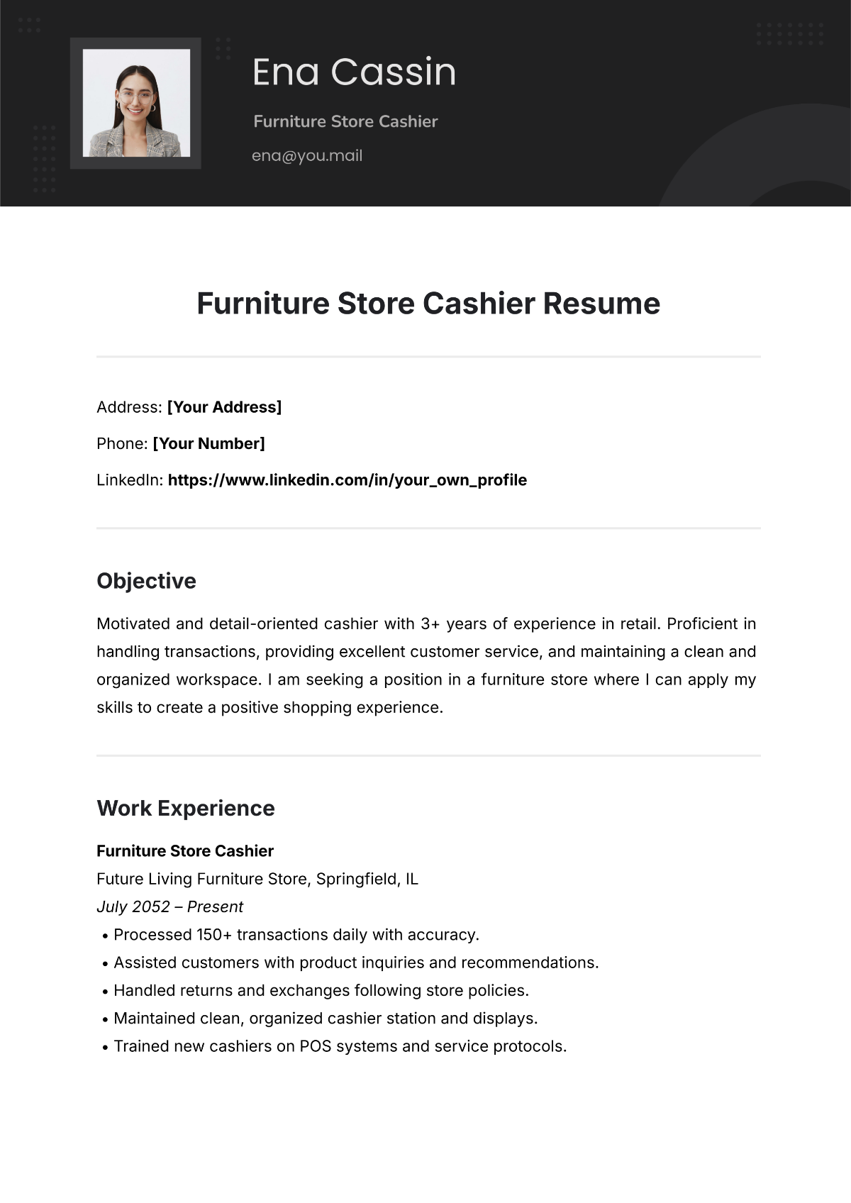 Free Furniture Store Cashier Resume Template