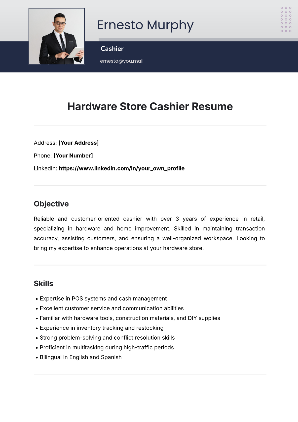 Free Hardware Store Cashier Resume Template