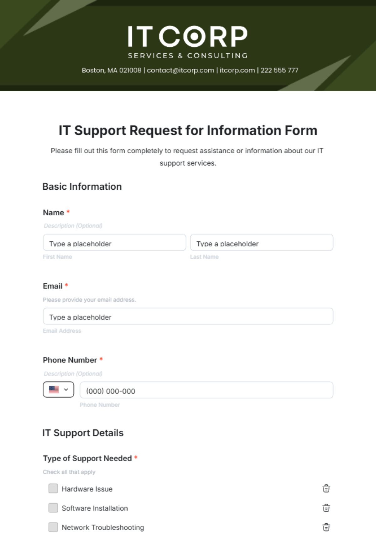 Free IT Support Request for Information Form Template