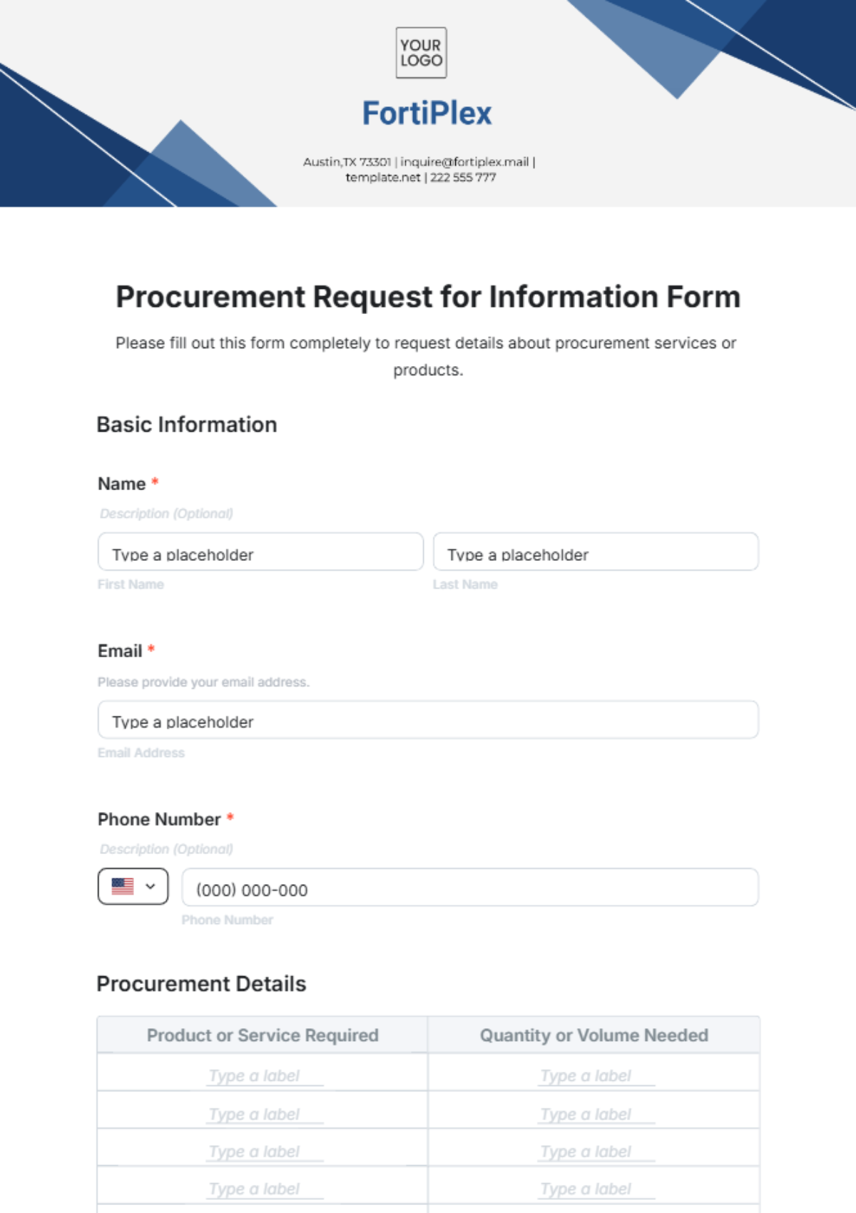 Free Procurement Request for Information Form Template