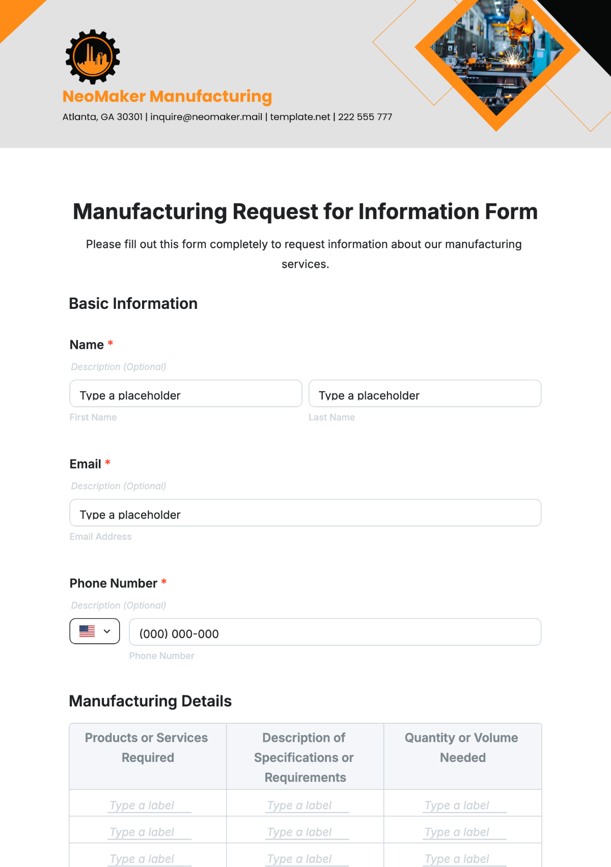 Free Manufacturing Request for Information Form Template