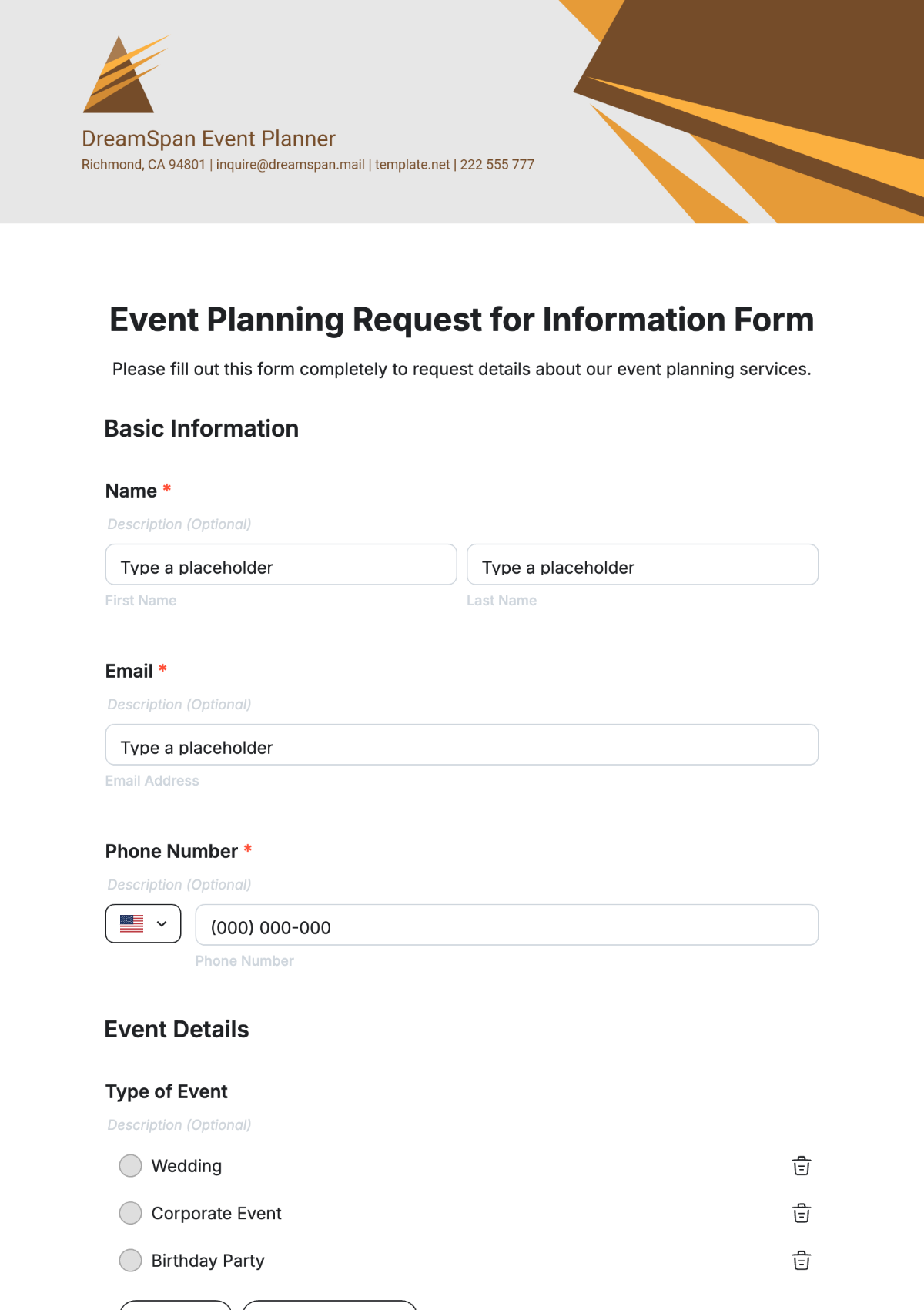 Free Event Planning Request for Information Form Template