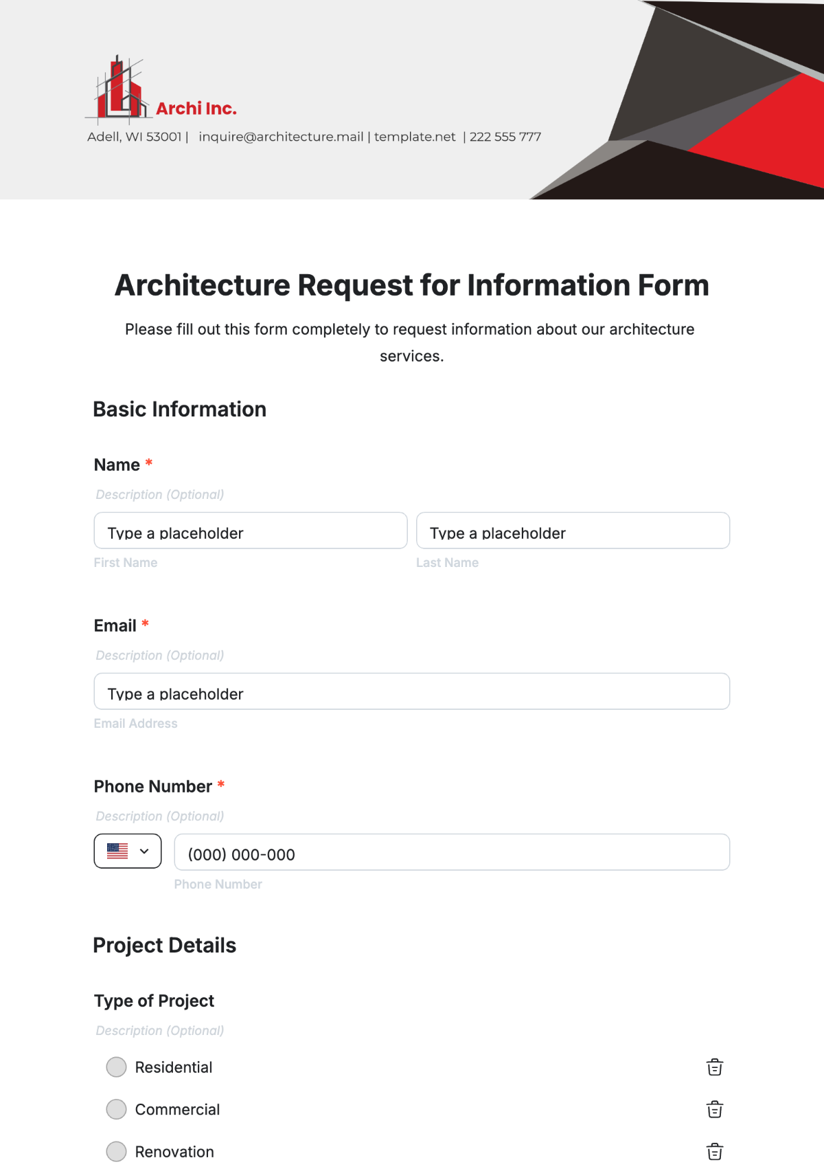 Free Architecture Request for Information Form Template