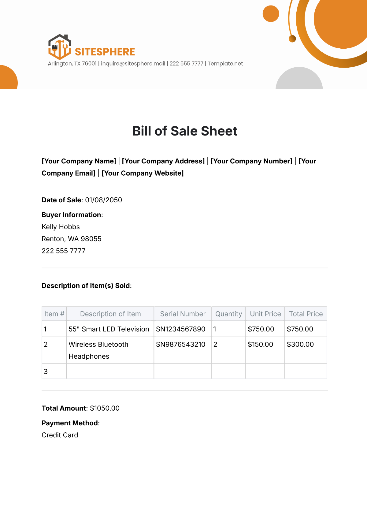 Bill of Sale Sheet Template - Edit Online & Download