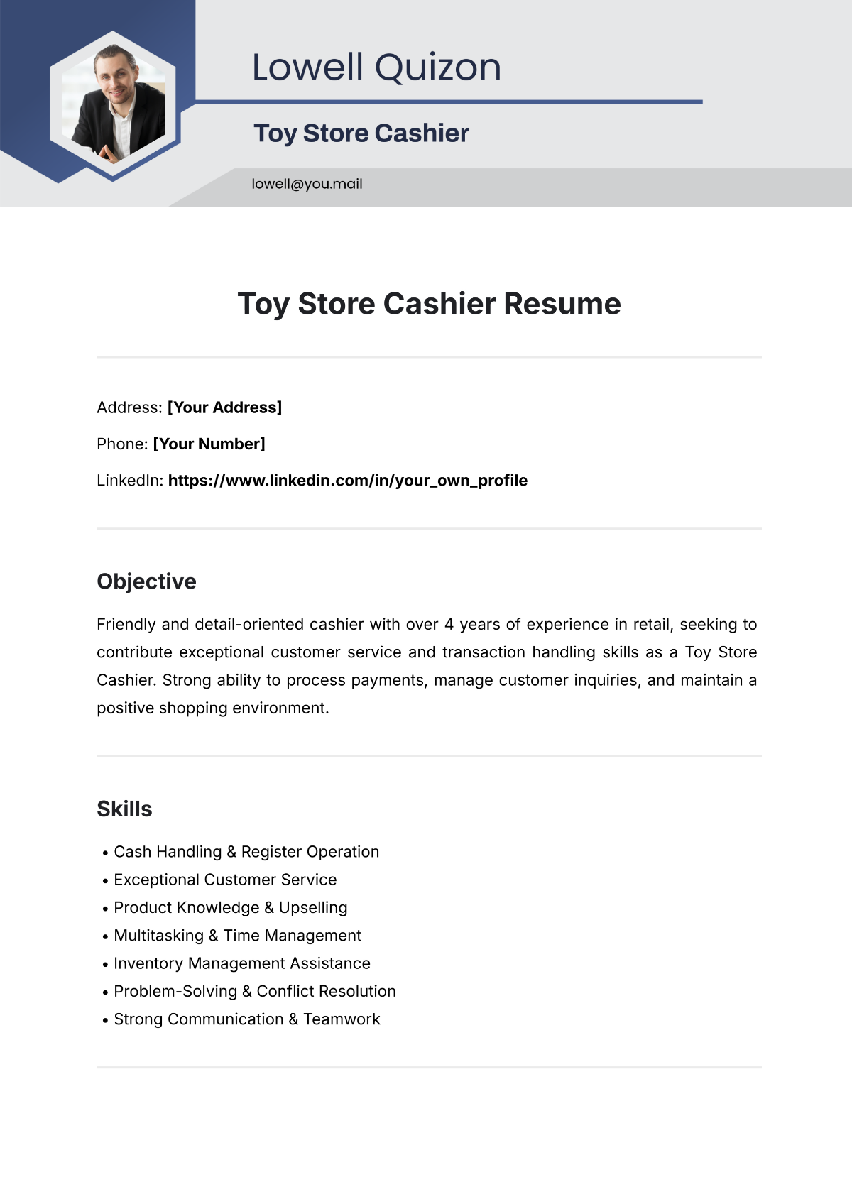 Free Toy Store Cashier Resume Template