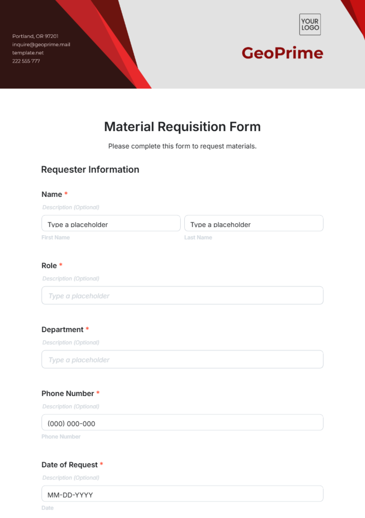 Free Material Requisition Form Template