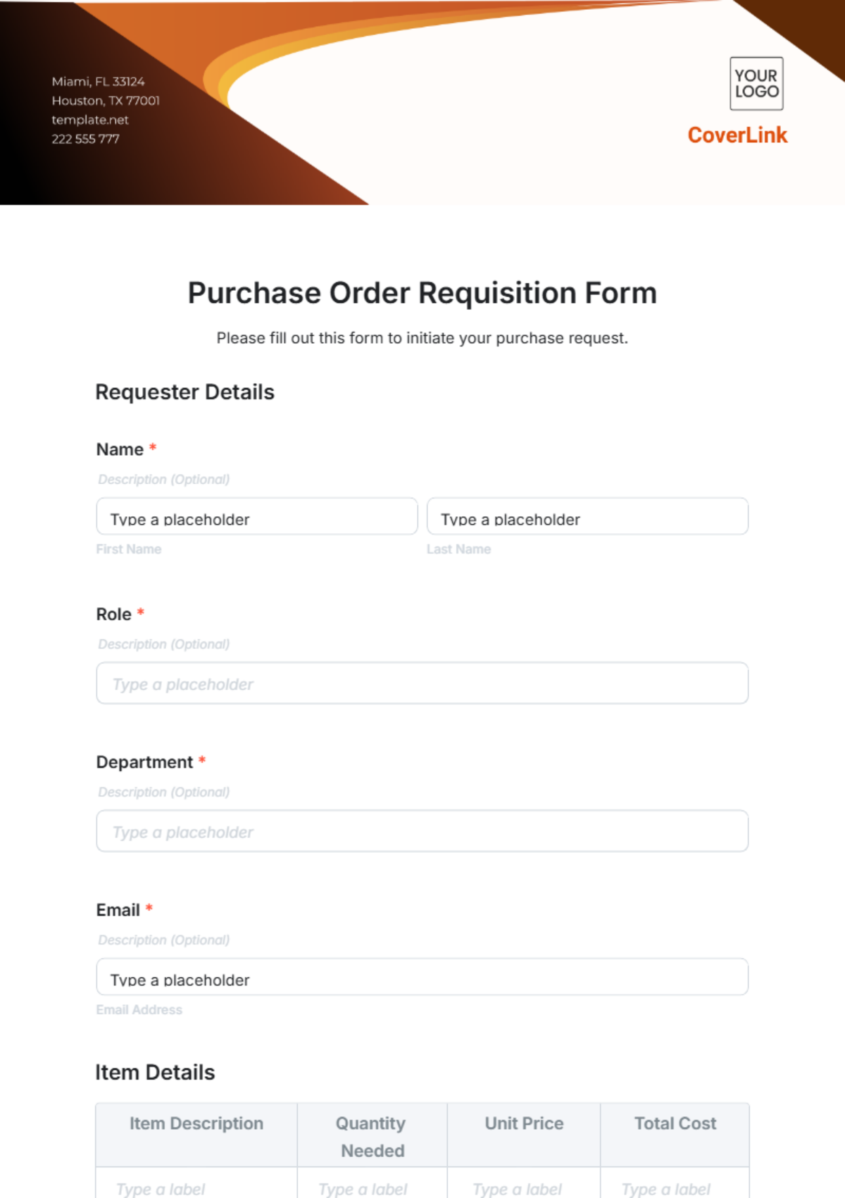 Free Purchase Order Requisition Form Template