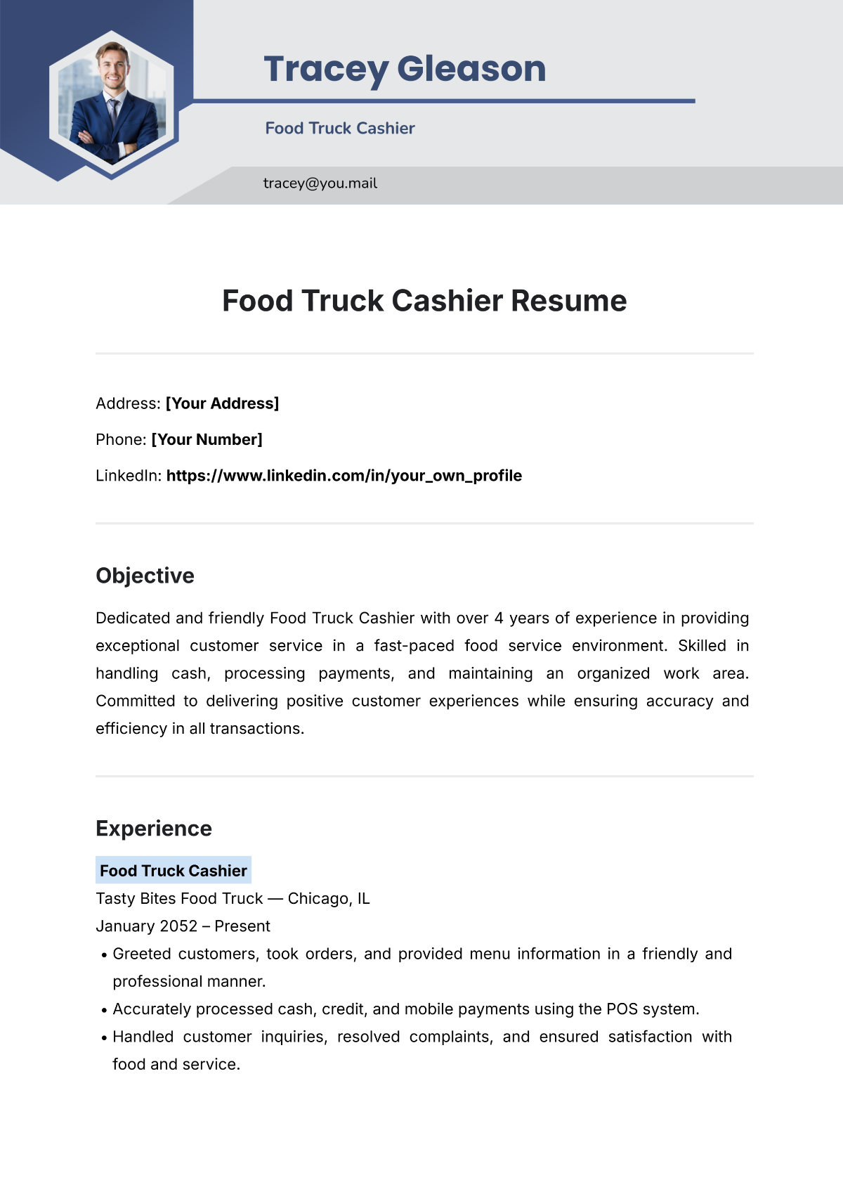 Free Food Truck Cashier Resume Template