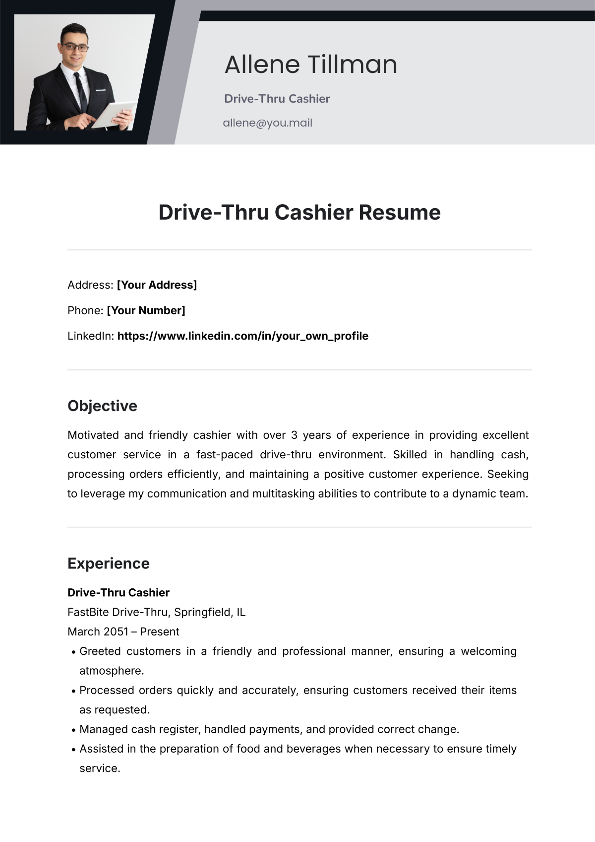 Free Drive-Thru Cashier Resume Template