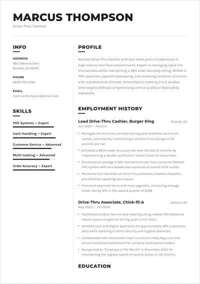 Free Drive-Thru Cashier ATS Resume Template, AI Resume Builder