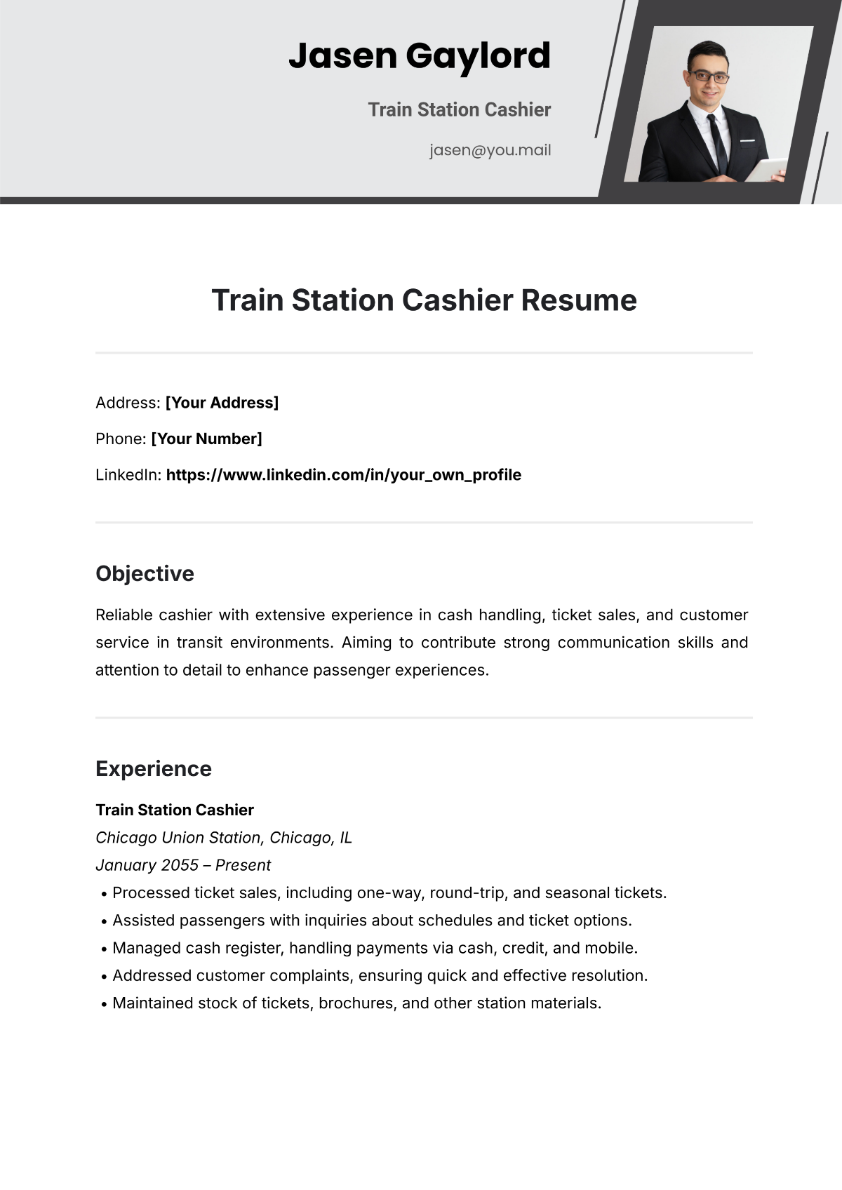 Free Train Station Cashier Resume Template