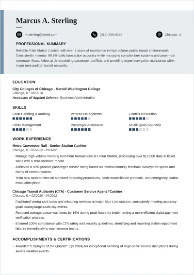 Free Train Station Cashier ATS Resume Template, AI Resume Builder