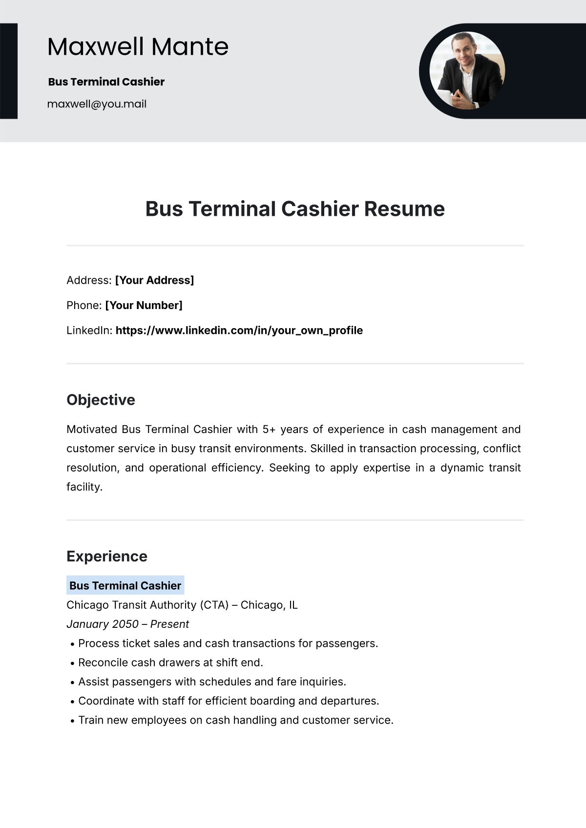 Free Bus Terminal Cashier Resume Template