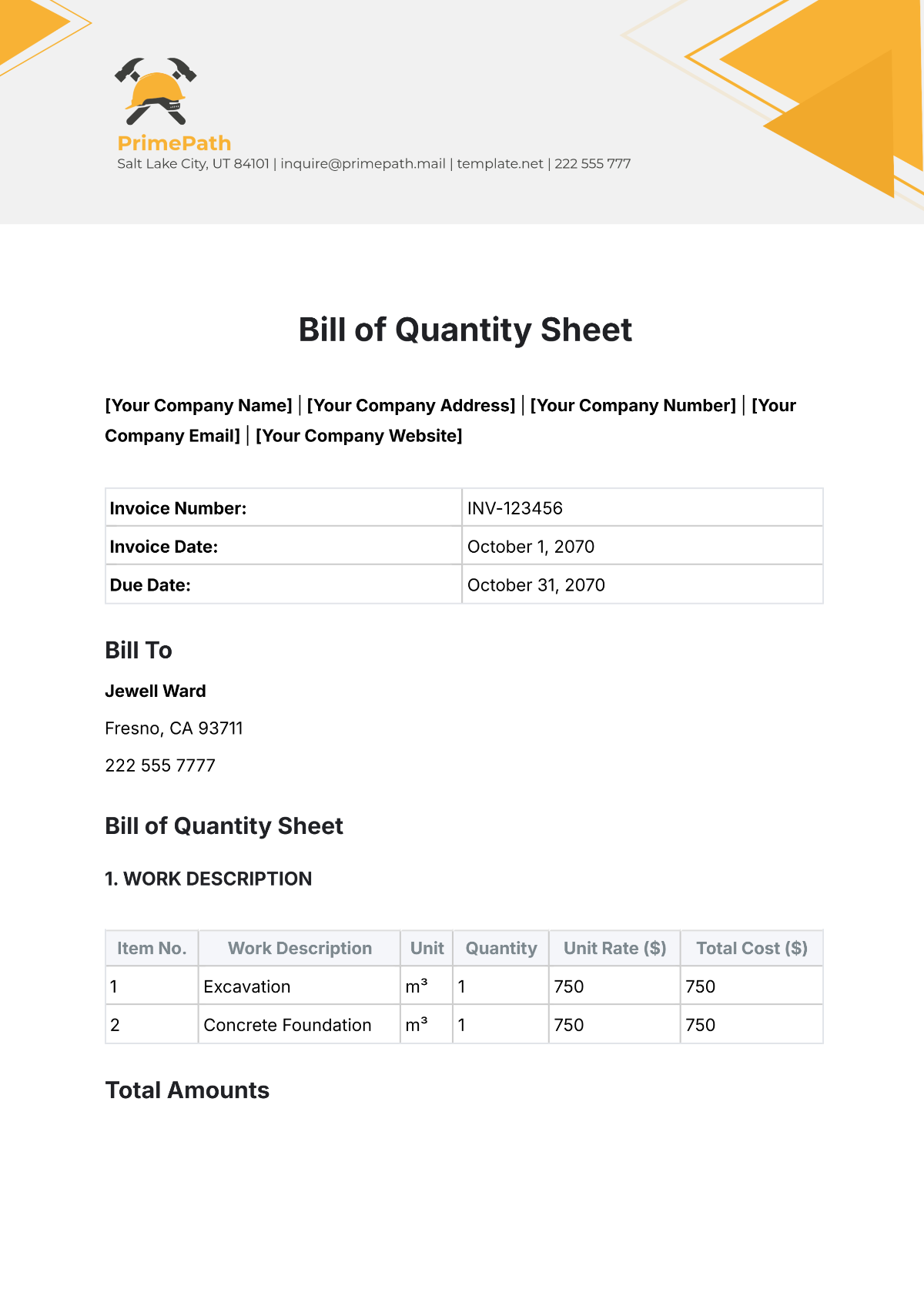 Bill of Quantity Sheet Template - Edit Online & Download