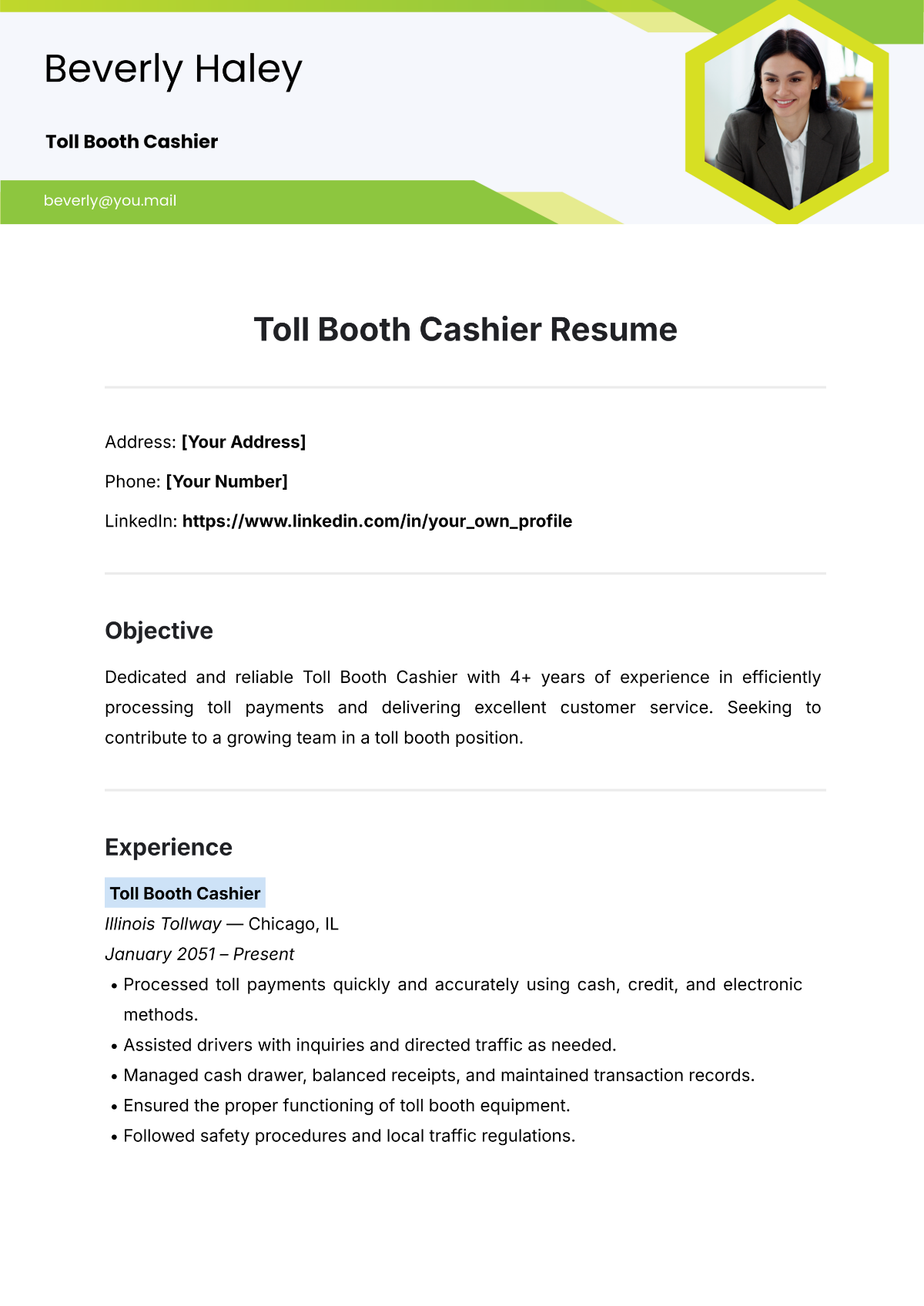 Free Toll Booth Cashier Resume Template