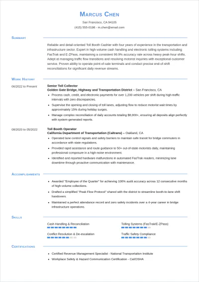 Free Toll Booth Cashier ATS Resume Template, AI Resume Builder