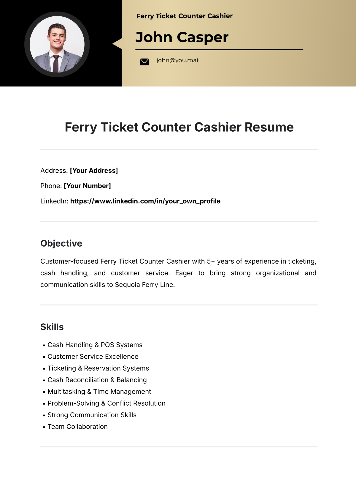 Free Ferry Ticket Counter Cashier Resume Template