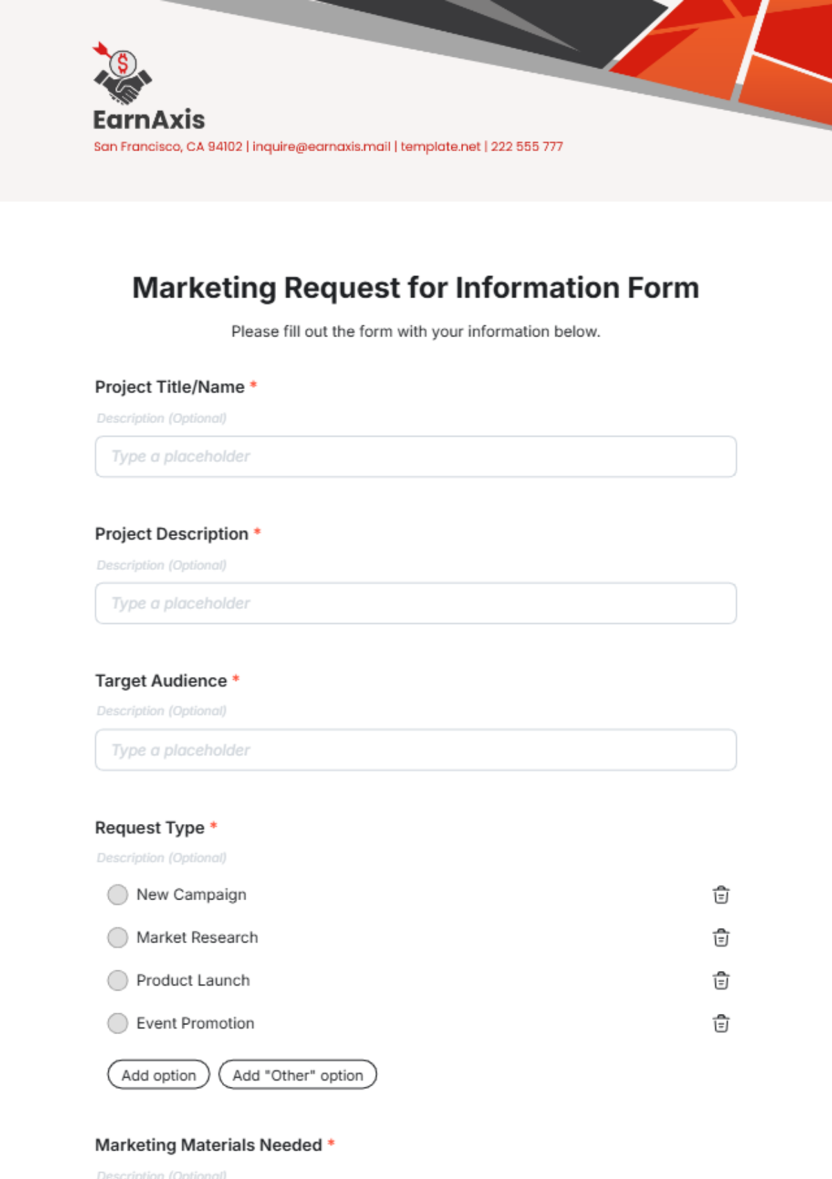 Free Marketing Request for Information Form Template