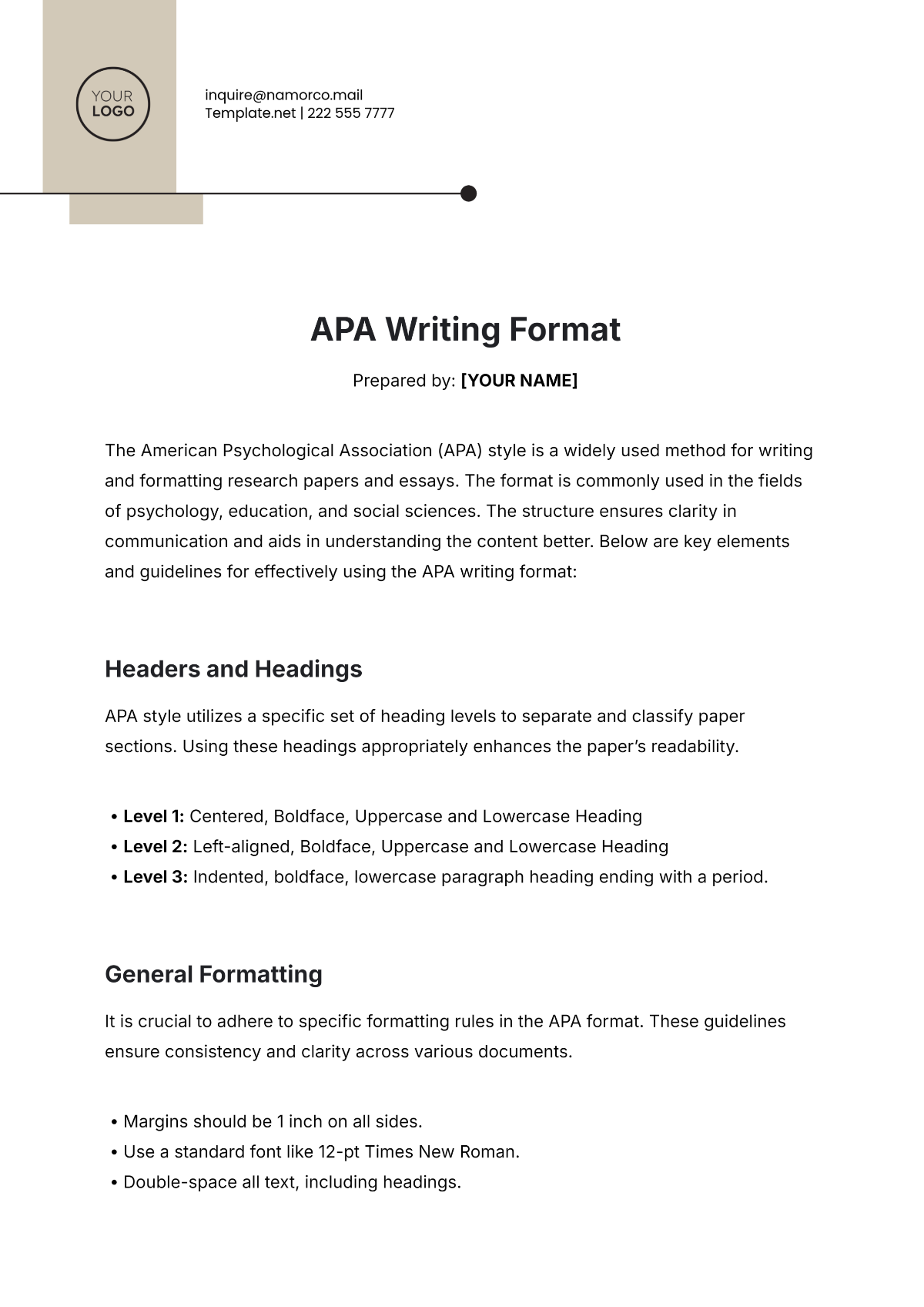 Free APA Writing Format Template