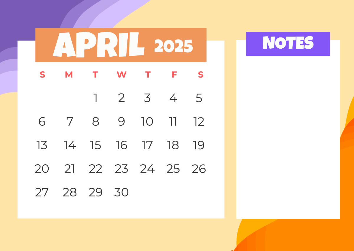 Free April 2025 Calendar with Notes Template