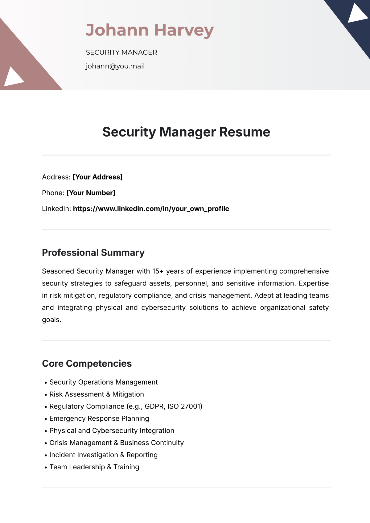 Free Security Manager Resume Template