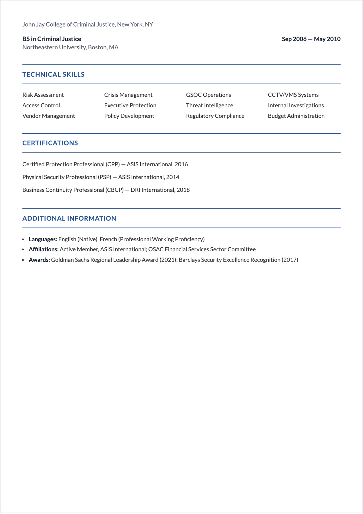 Free Sample Corporate Security Manager ATS Resume Template