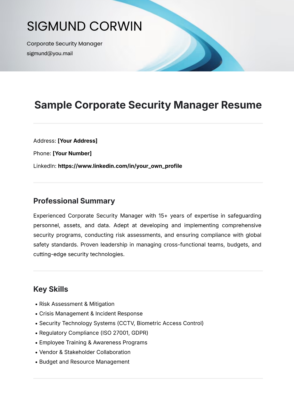 Free Sample Corporate Security Manager Template