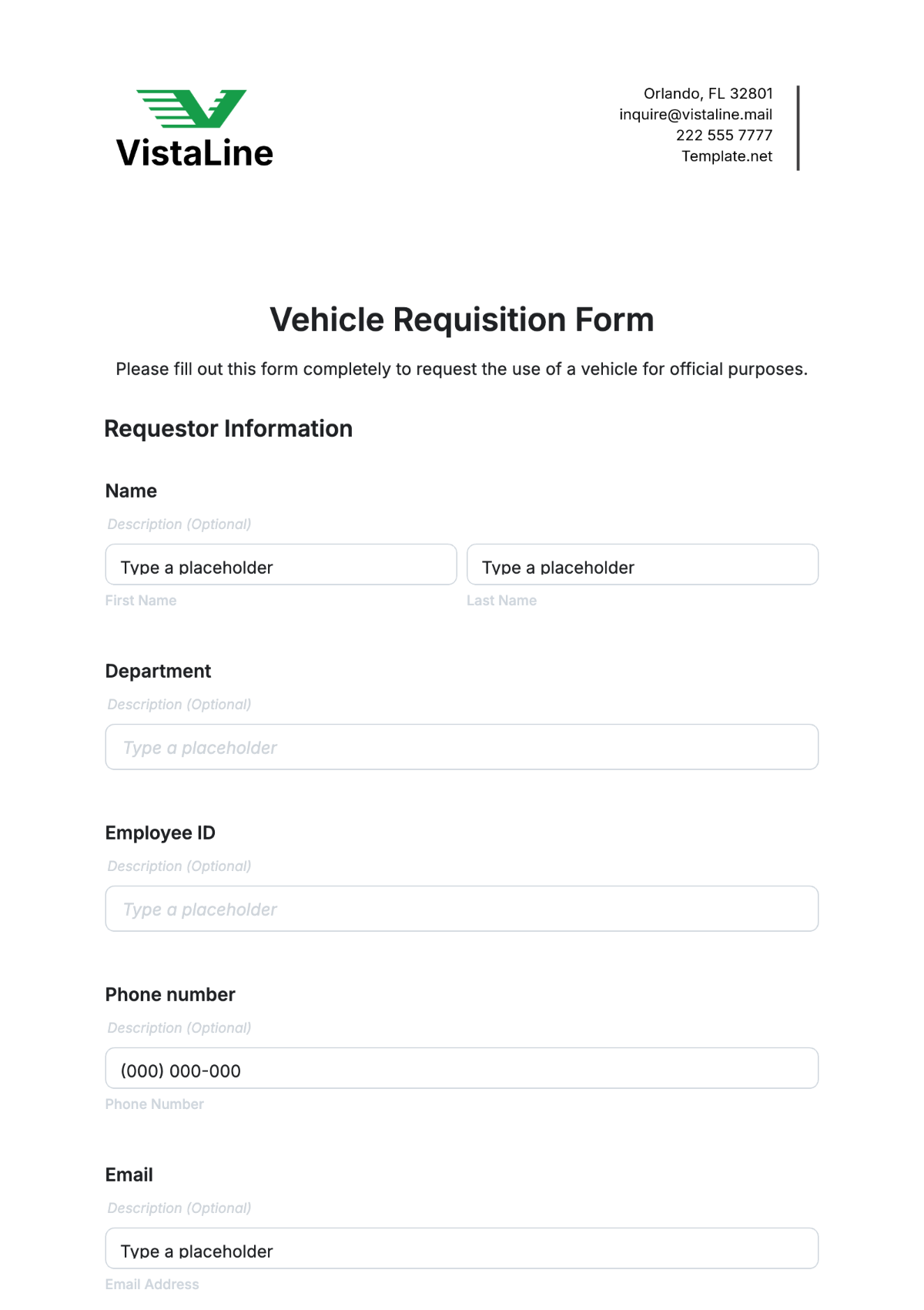 Free Vehicle Requisition Form Template