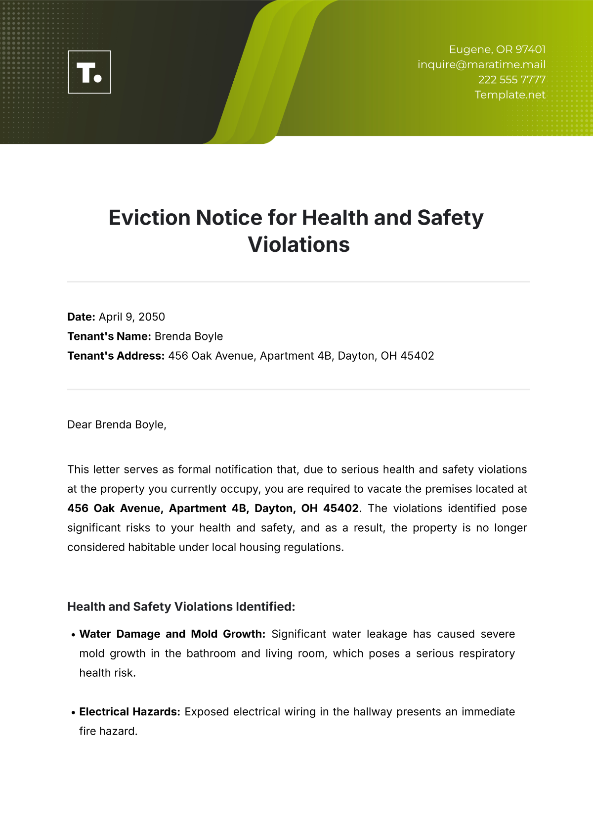 Free Eviction Notice for Health and Safety Violations Template