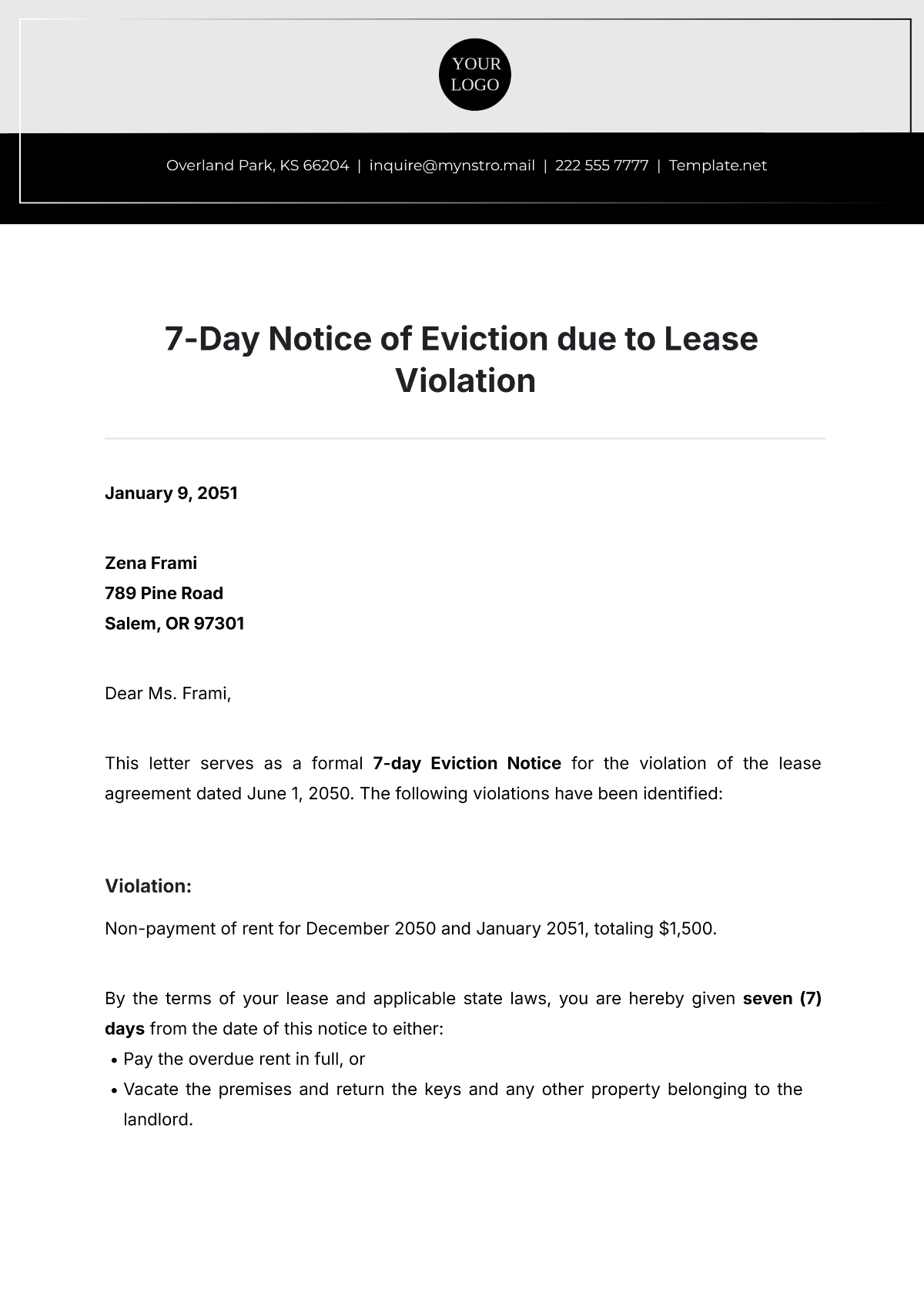 Free 7-Day Eviction Notice for Lease Violation Template