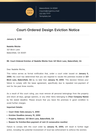 Free Court-Ordered Design Eviction Notice Template to Edit Online