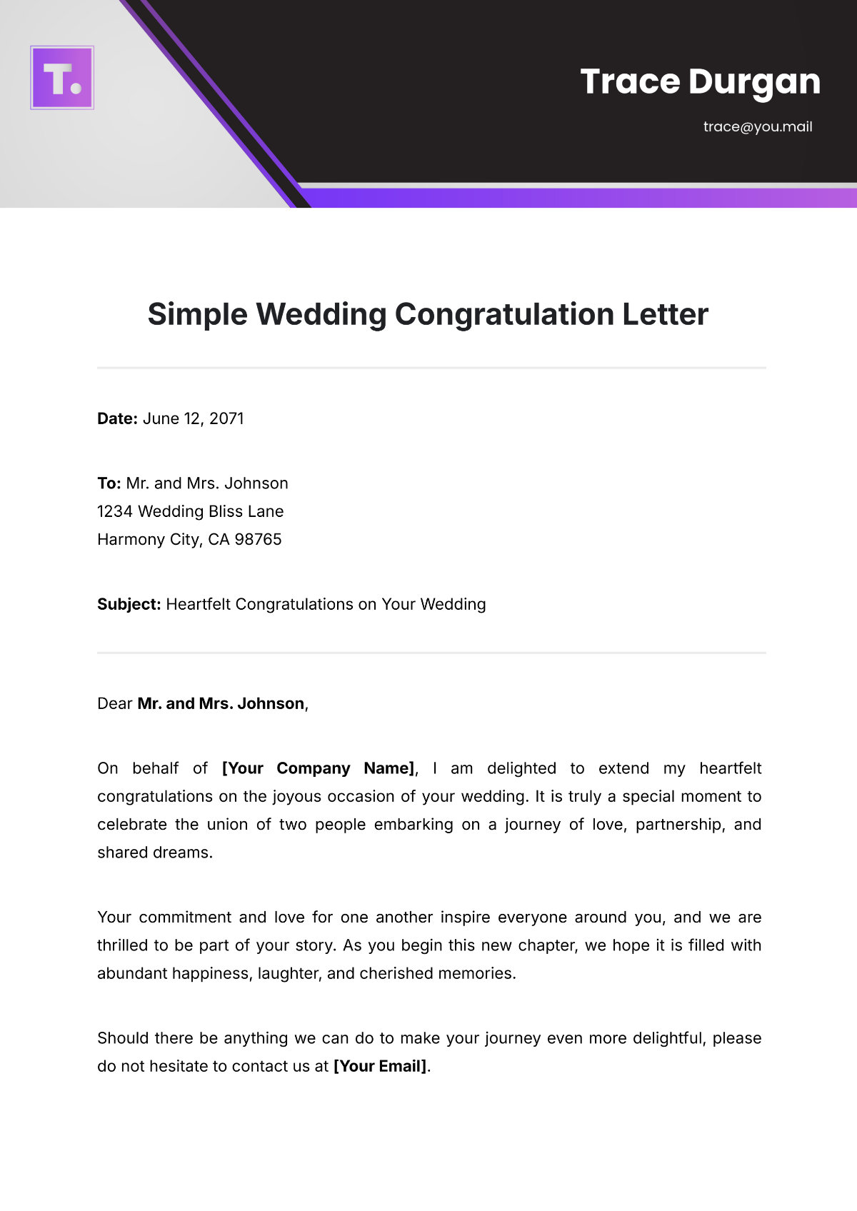 Free Simple Wedding Congratulation Letter Template