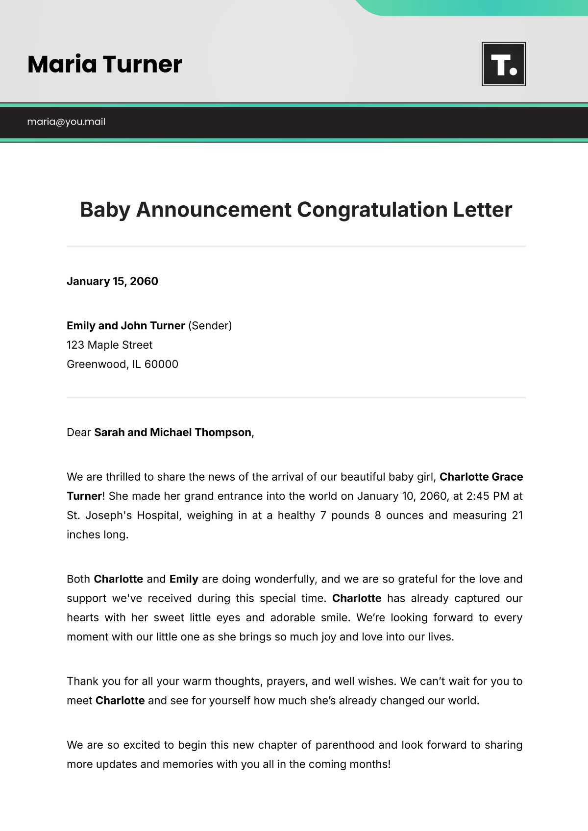 Free Baby Announcement Congratulation Letter Template