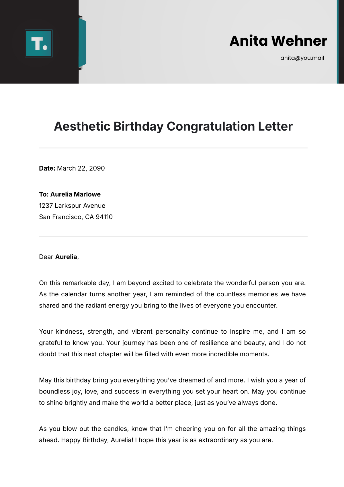 Free Aesthetic Birthday Congratulation Letter Template