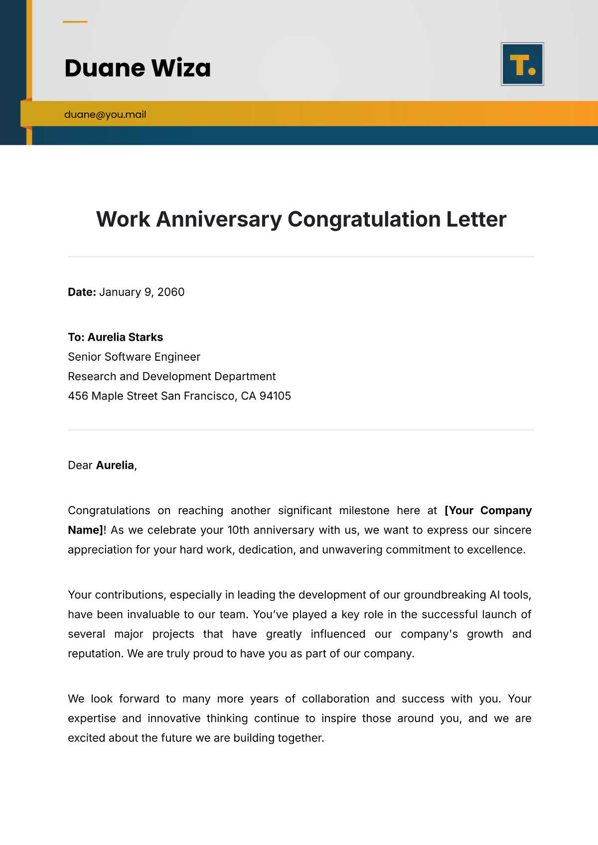 Free Work Anniversary Congratulation Letter Template