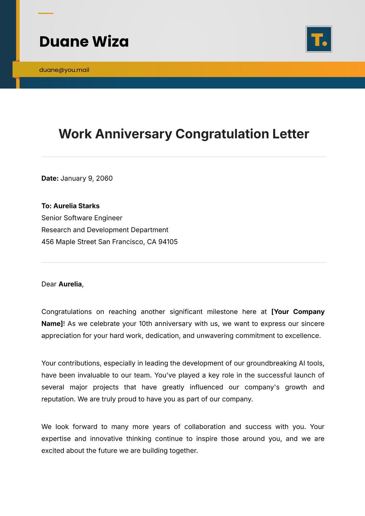 Free Work Anniversary Congratulation Letter Template To Edit Online Free Work Anniversary Congratulation Letter Template To Edit Online