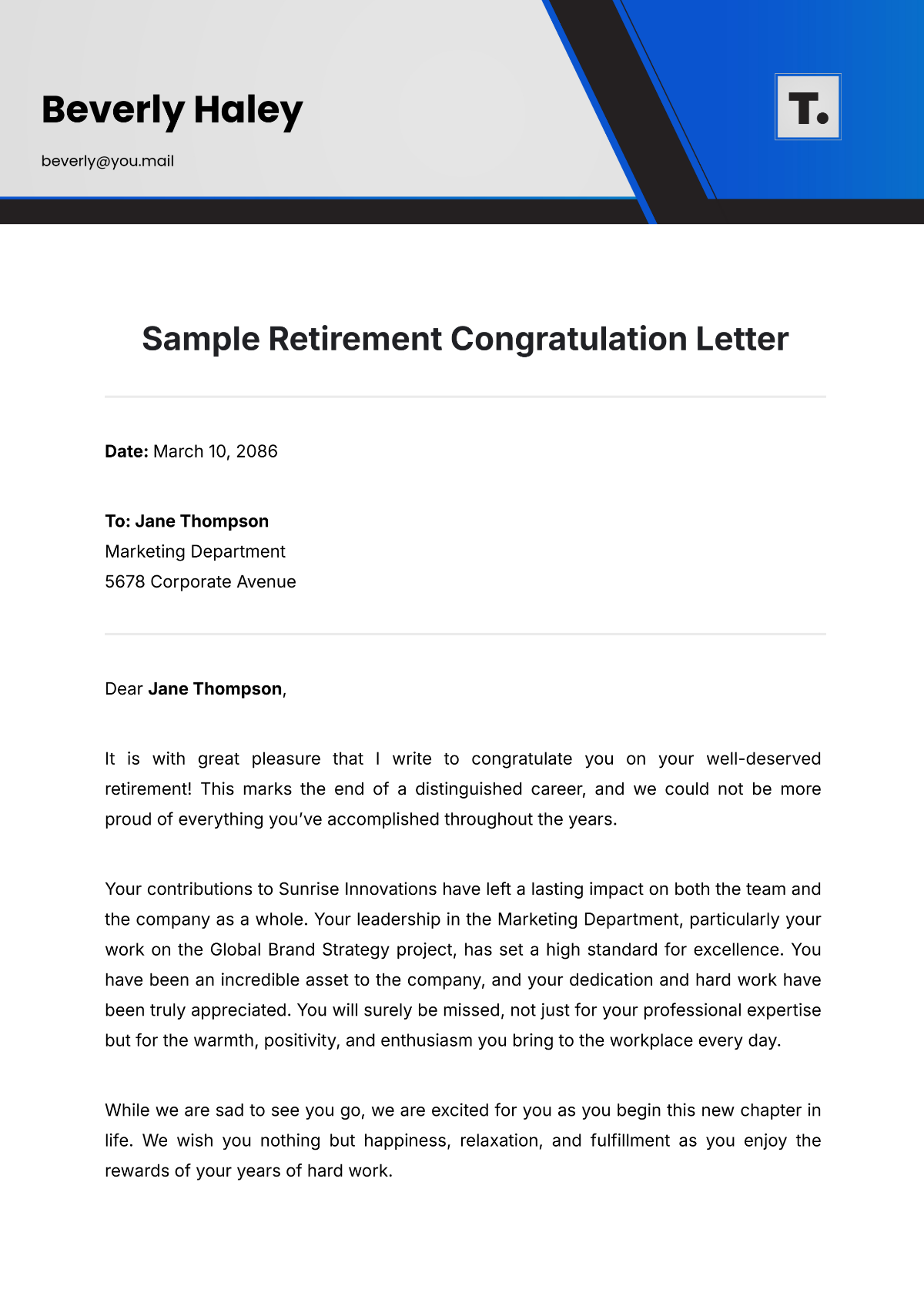 Free Sample Retirement Congratulation Letter Template