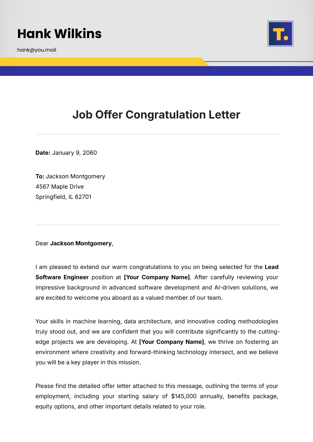 Free Job Offer Congratulation Letter Template