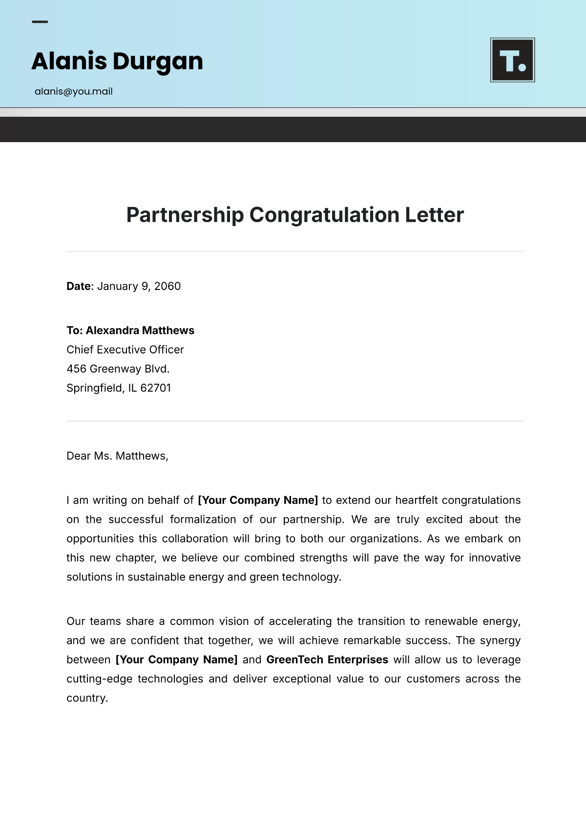 Free Partnership Congratulation Letter Template