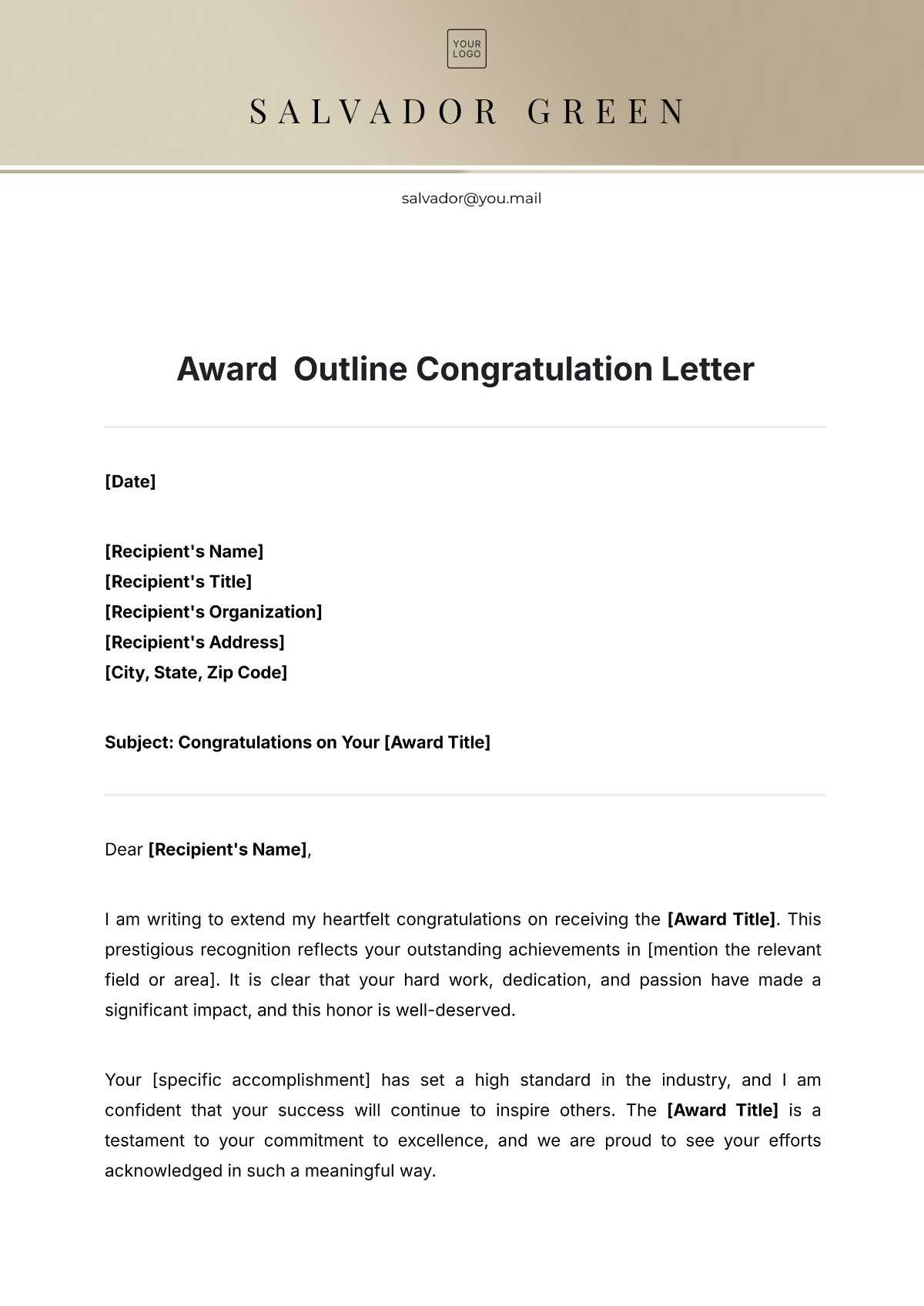 Free Award  Outline Congratulation Letter Template