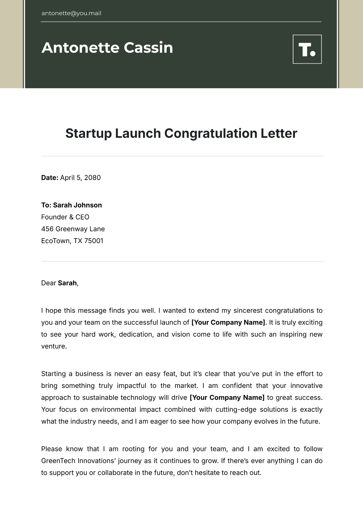 Free Startup Launch Congratulation Letter Template