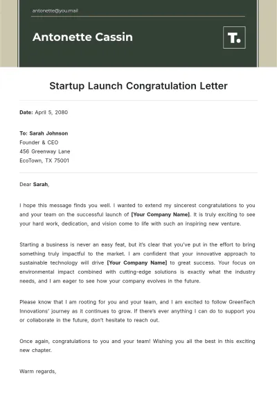 Free Startup Launch Congratulation Letter Template to Edit Online